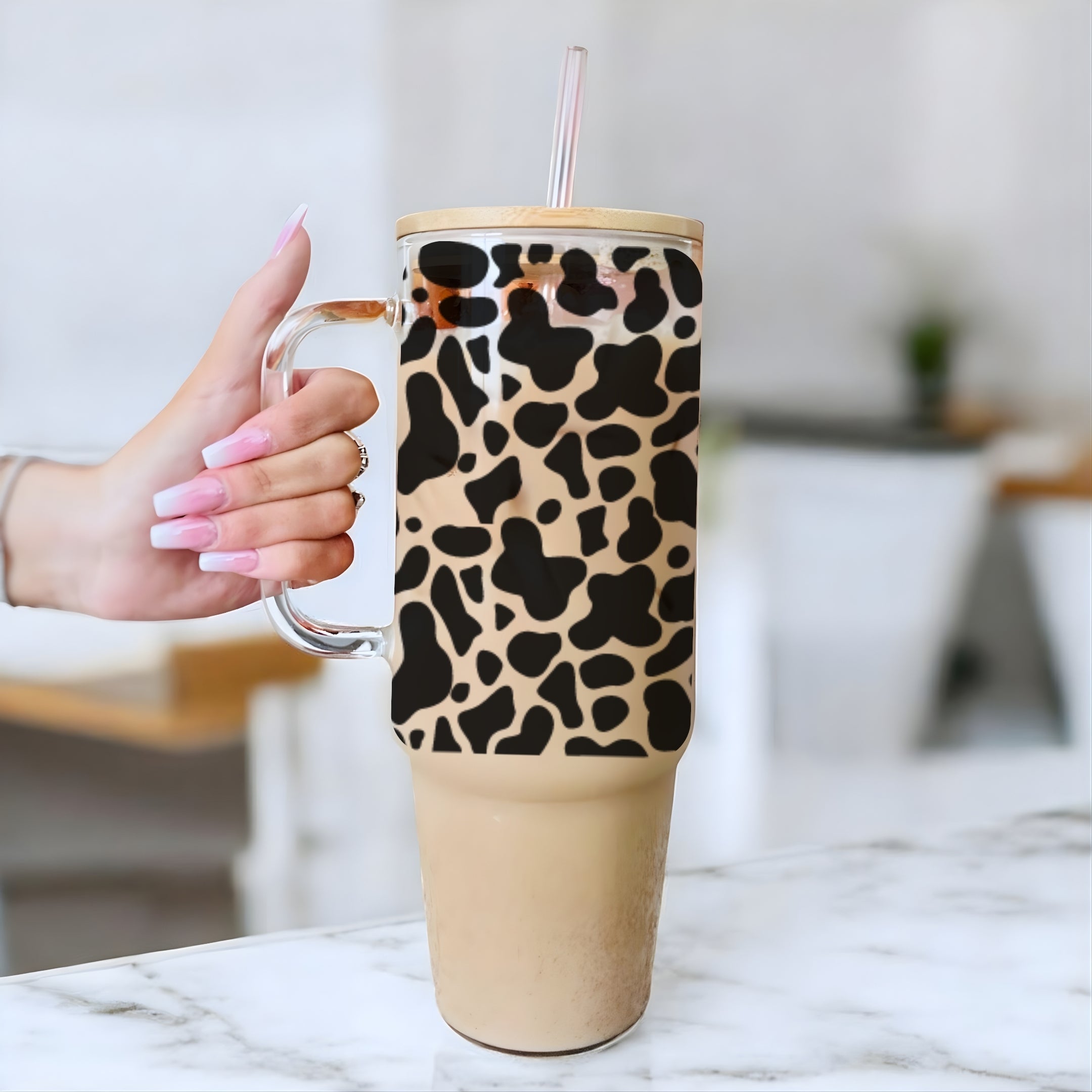 Cow Print 40oz Glass Tumbler With Lid and Straw
