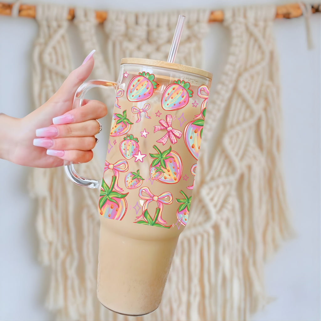 Strawberry Bow 40oz Glass Tumbler With Lid and Straw