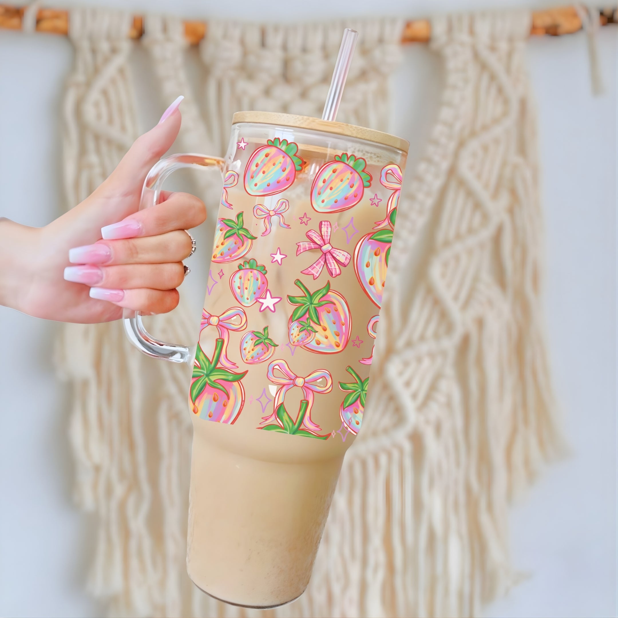 Strawberry Bow 40oz Glass Tumbler With Lid and Straw