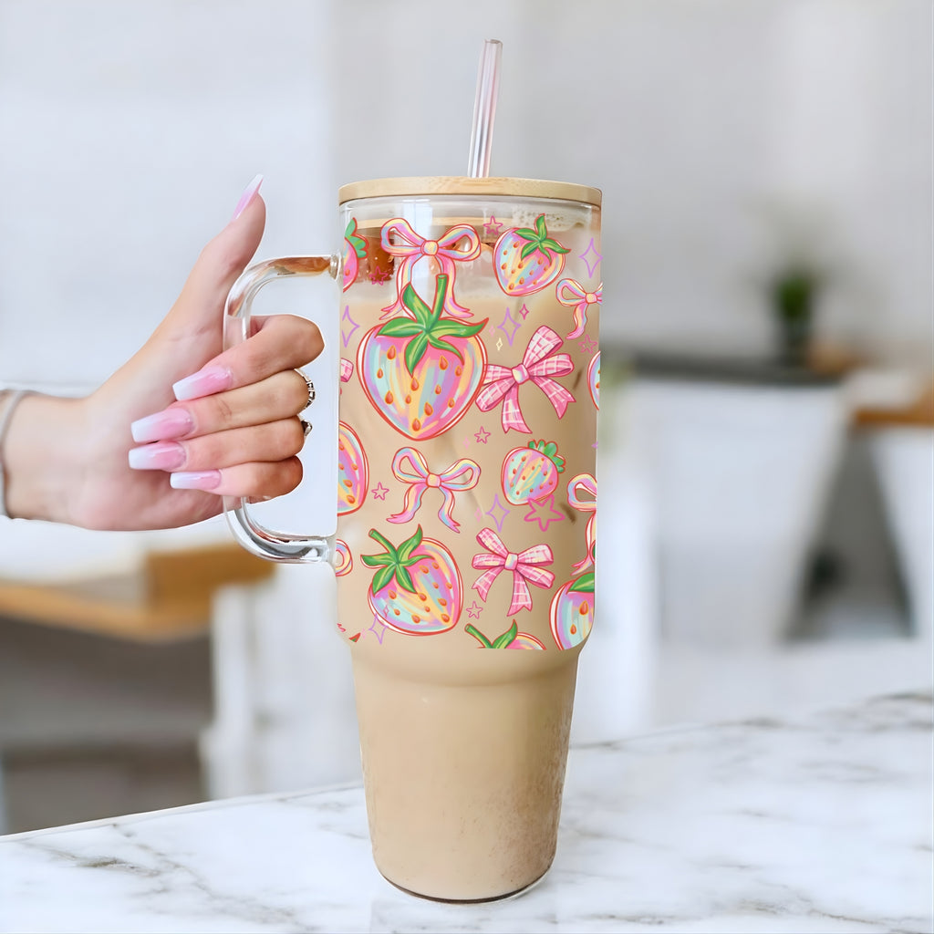 Strawberry Bow 40oz Glass Tumbler With Lid and Straw