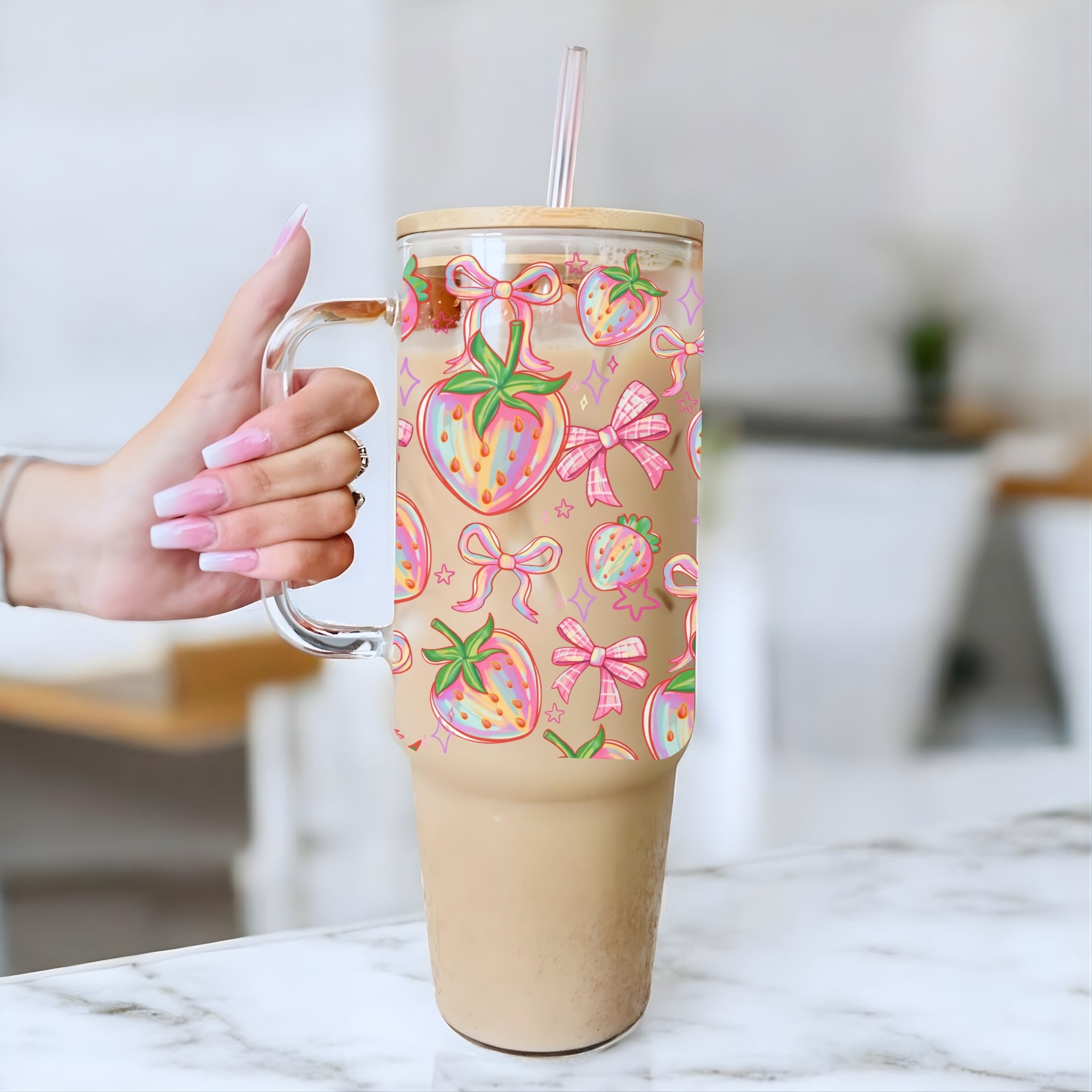 Strawberry Bow 40oz Glass Tumbler With Lid and Straw