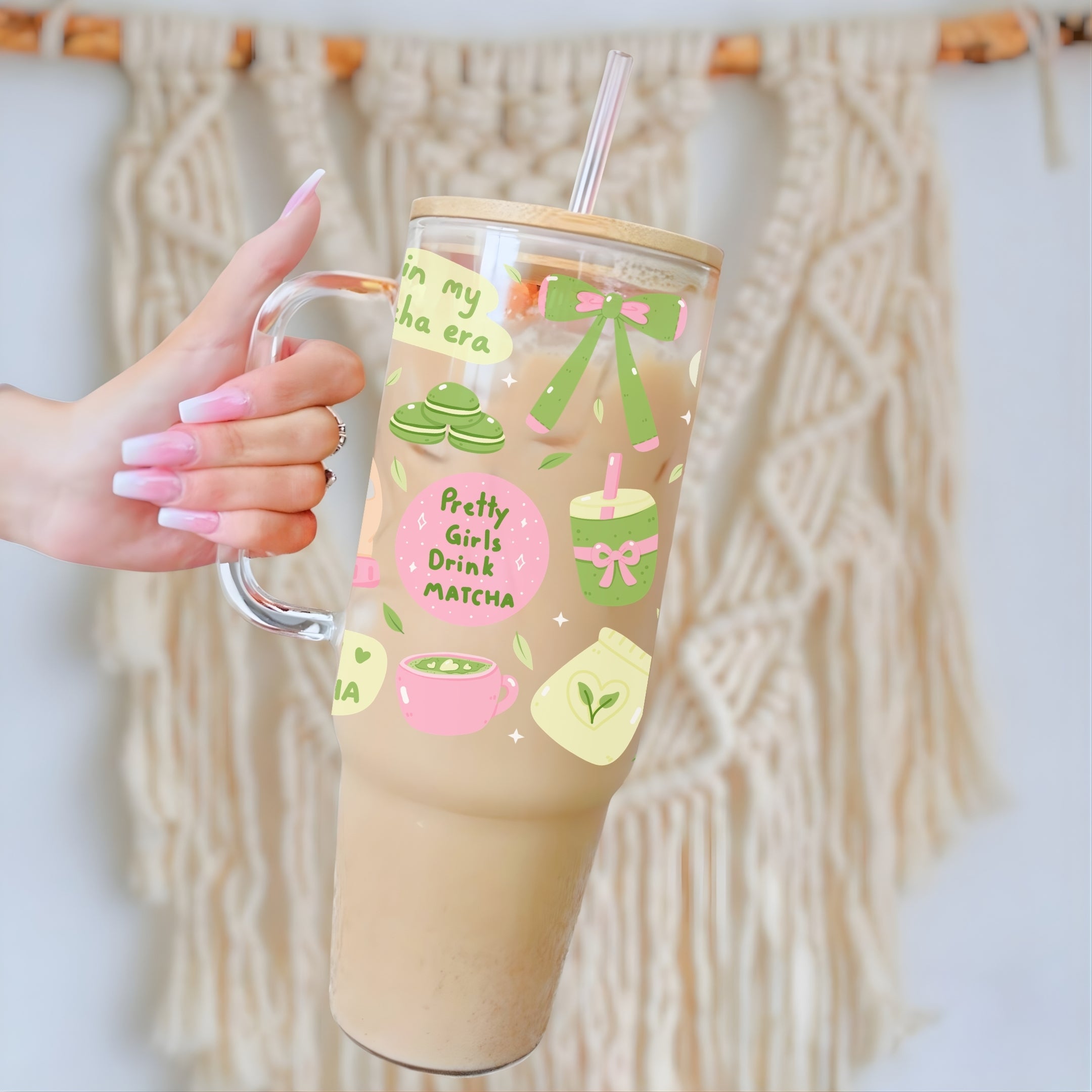 Matcha Era 40oz Glass Tumbler With Lid and Straw