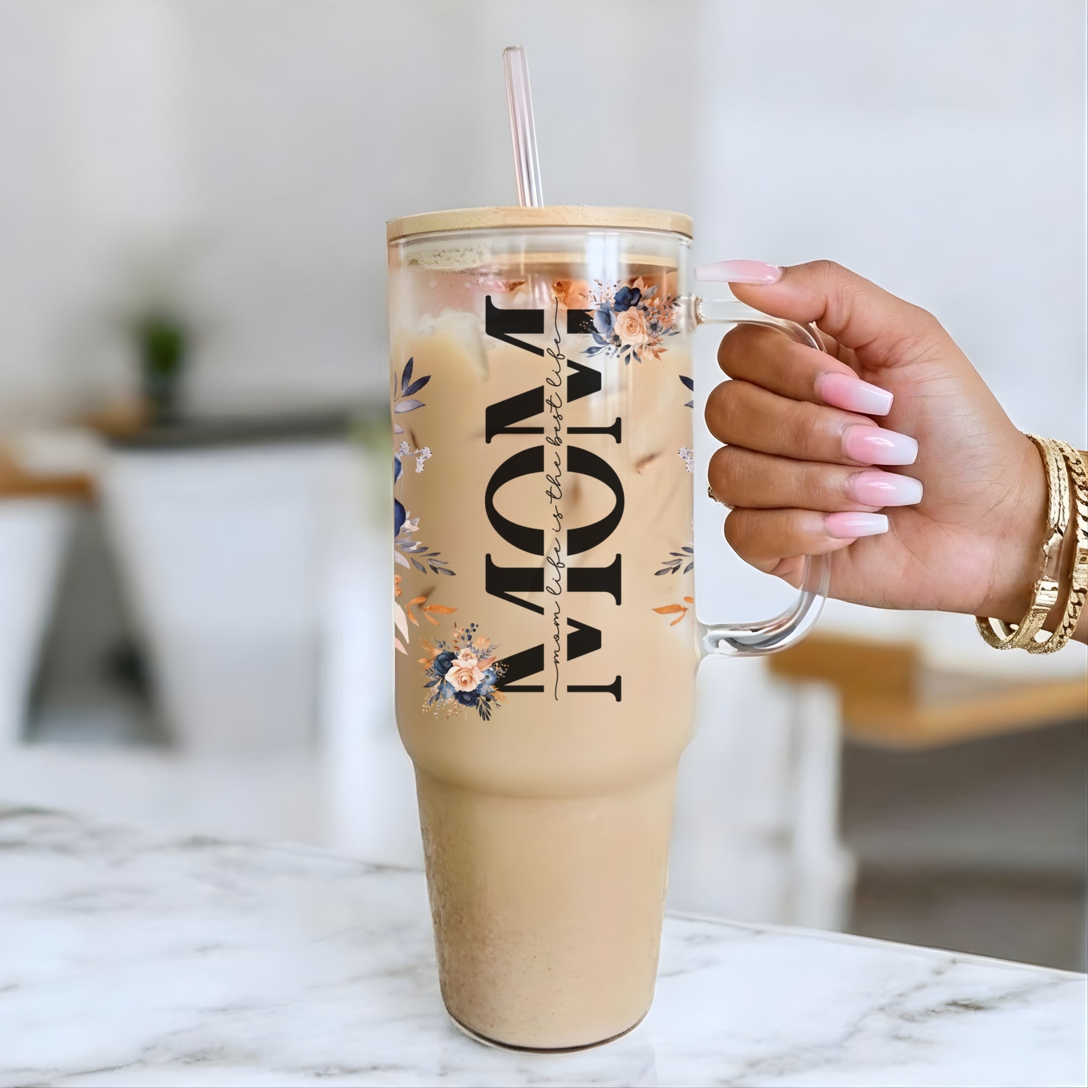 Mom Life Best Life Glass Cup, Mug, & Tumbler with Lid and Straw