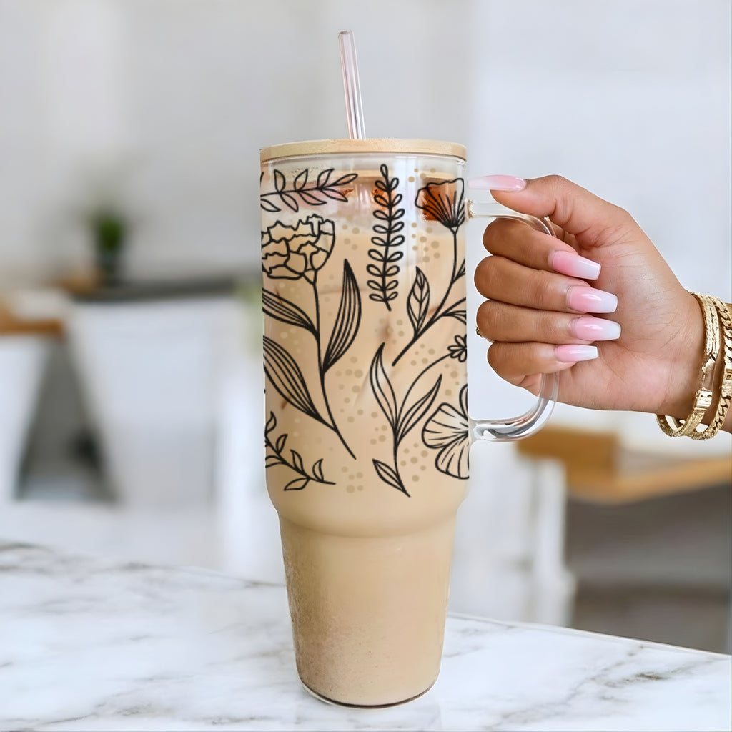 Wildflower Botanical Glass Cup, Mug, & Tumbler with Lid and Straw