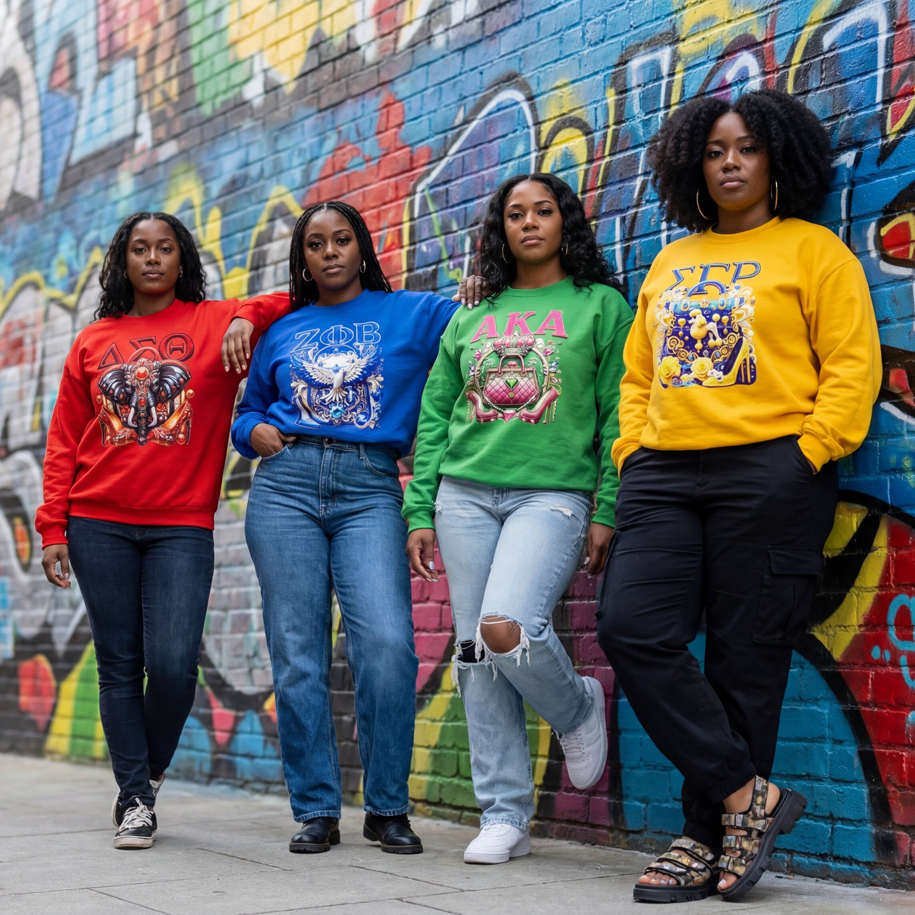 Four women wearing colorful Black Greek sorority sweatshirts standing in front of a graffiti-covered wall.