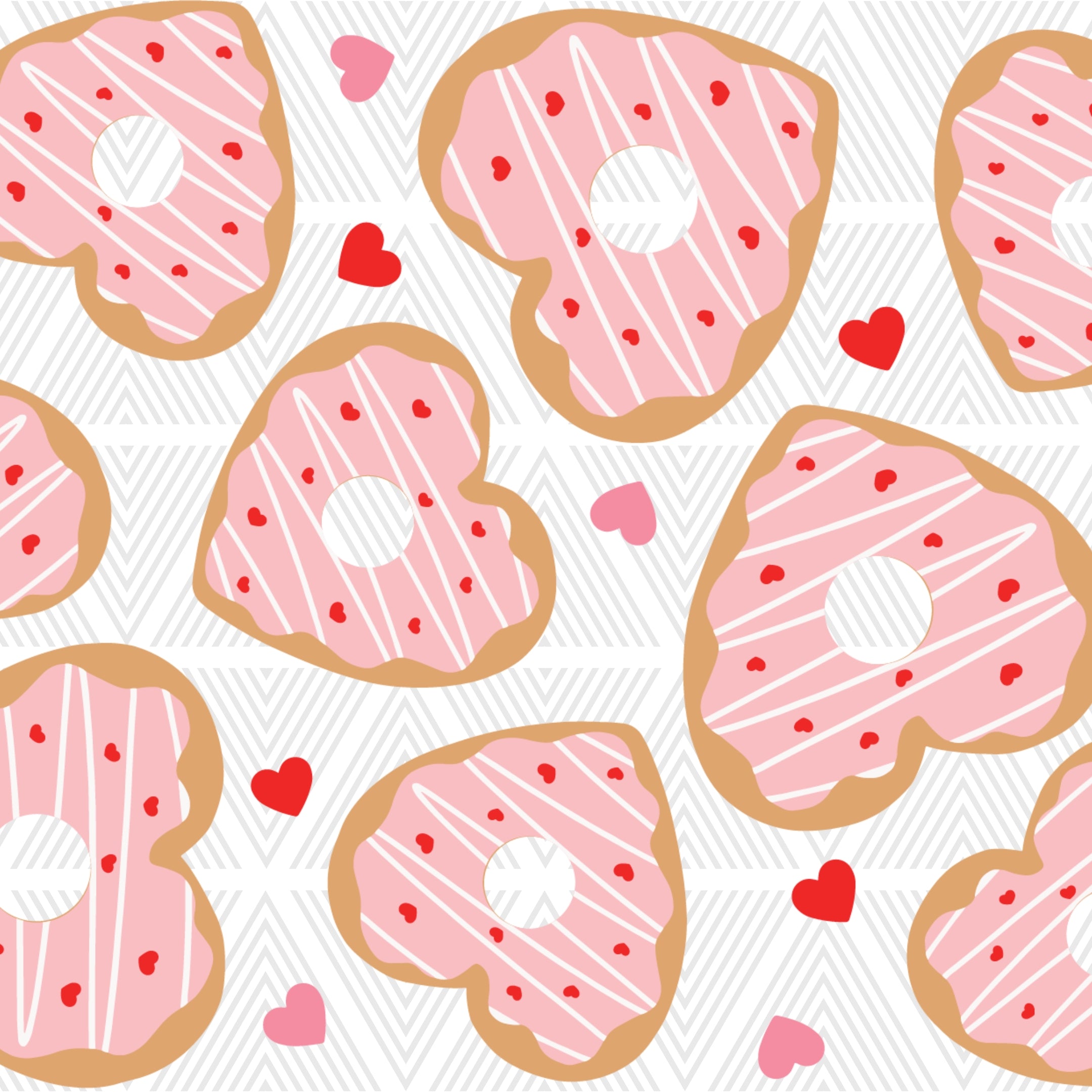 Pattern of heart-shaped cookies with pink icing and red heart decorations on a white background.
