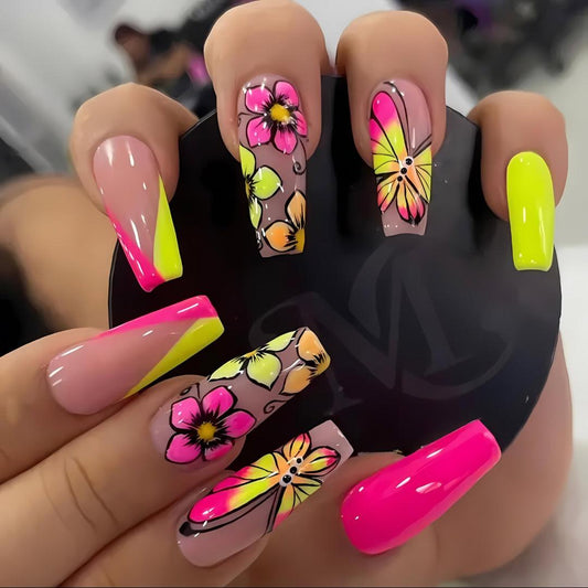 Butterfly Bloom • Pink and Green Nails • Press-on Nails