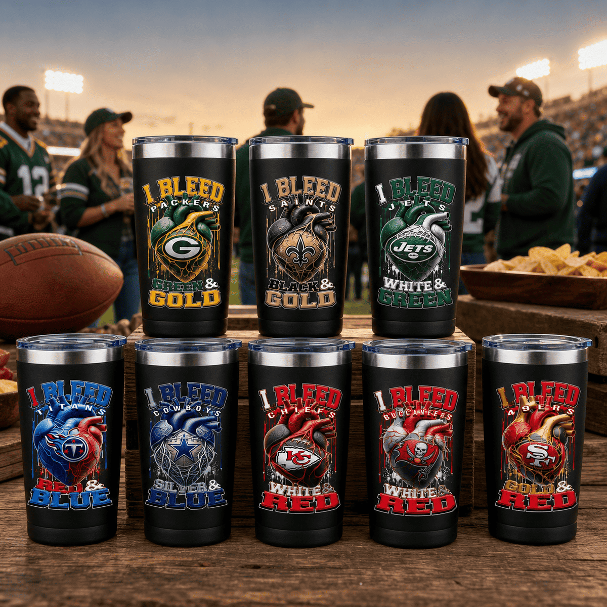 Eight insulated travel tumblers with custom NFL team graphics are displayed on a wooden table in a stadium setting, with fans and a football visible in the background.