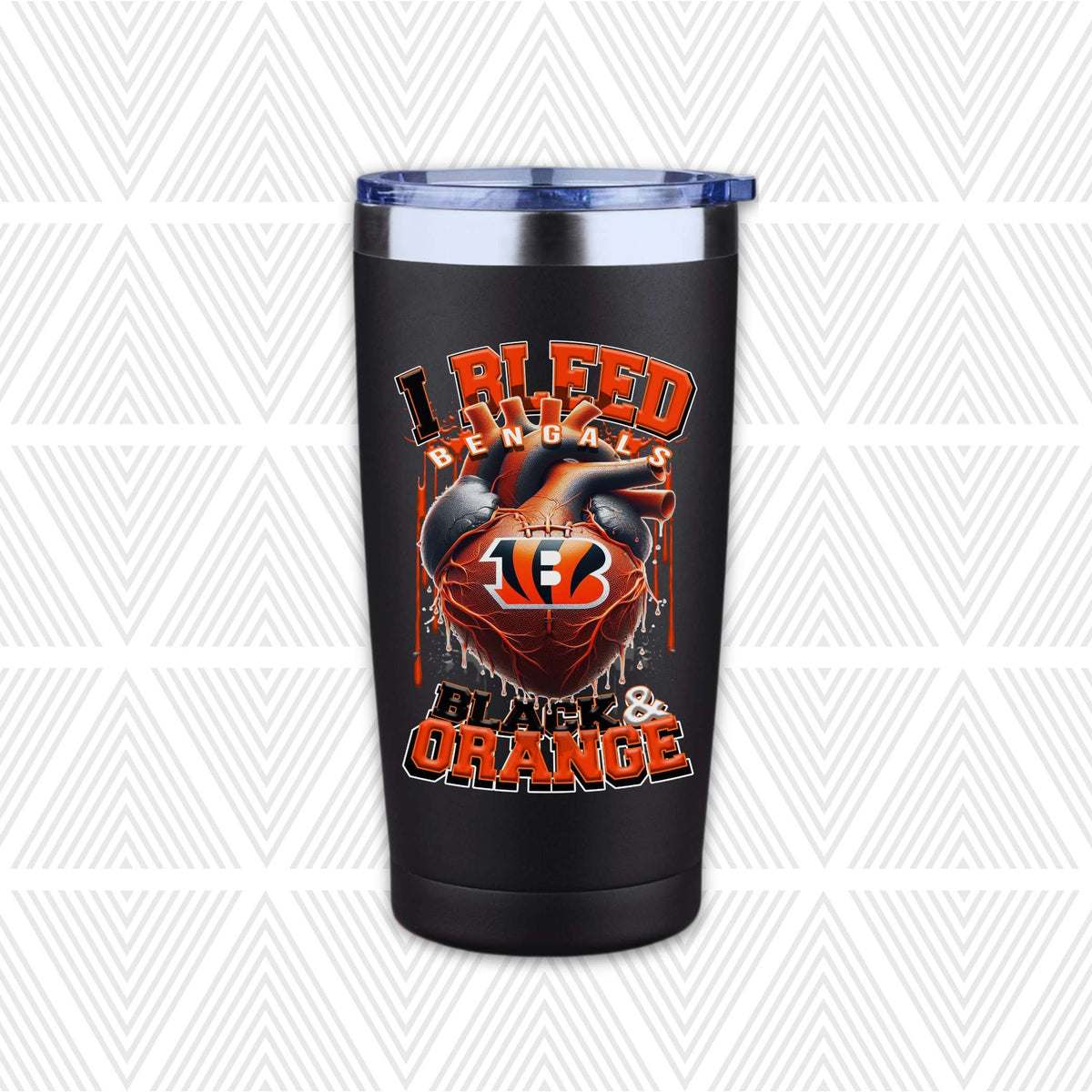 A black insulated travel tumbler with a clear lid, featuring a Cincinnati Bengals graphic with the text 'I Bleed Bengals' and 'Black & Orange' on a white and gray patterned background.