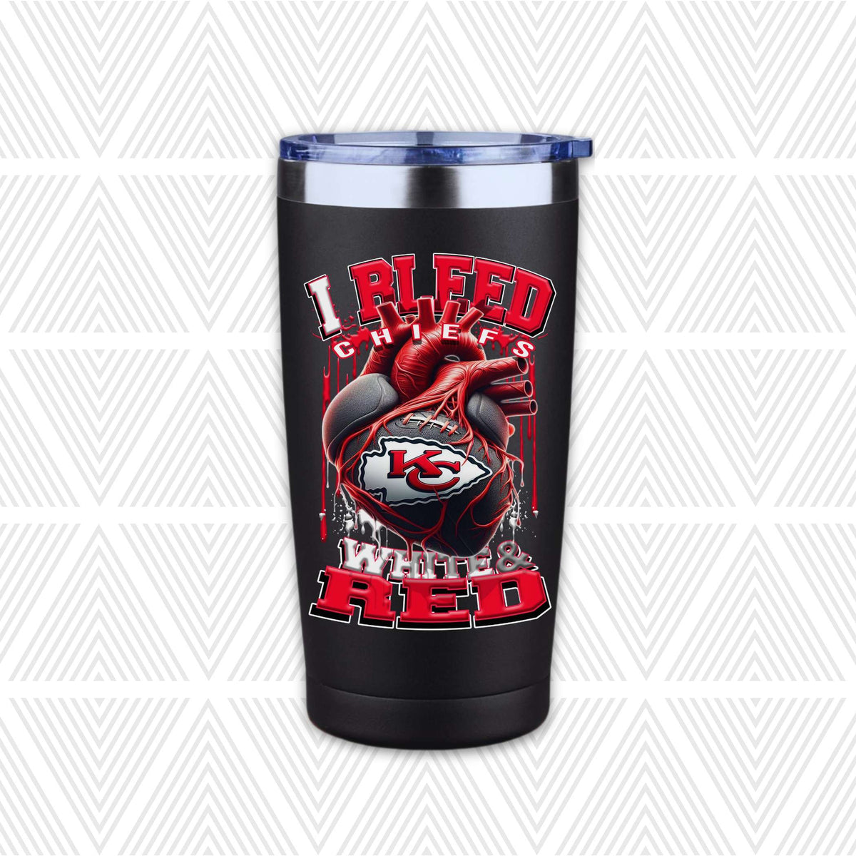 A black insulated tumbler with a clear lid, featuring a graphic design of an anatomical heart with the Kansas City Chiefs logo and the text 'I BLEED CHIEFS WHITE & RED'.