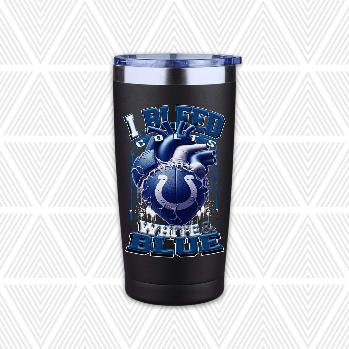 A black insulated travel tumbler with a clear lid, featuring a blue and white graphic of an anatomical heart with the Indianapolis Colts logo and the text 'I BLEED COLTS WHITE & BLUE'.