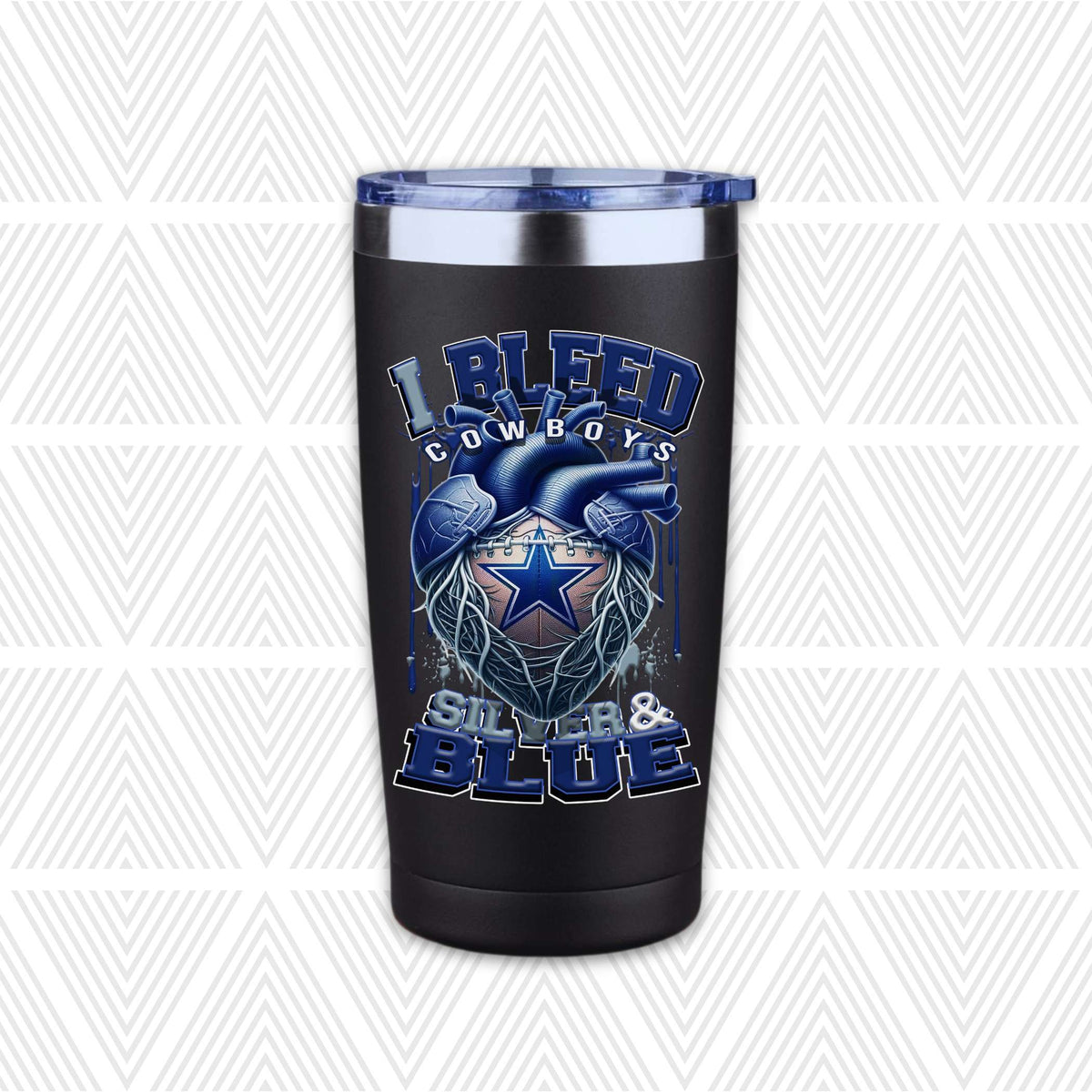 A black insulated travel tumbler with a clear lid, featuring a Dallas Cowboys graphic with the text 'I Bleed Cowboys' and 'Silver & Blue' on a white and gray patterned background.