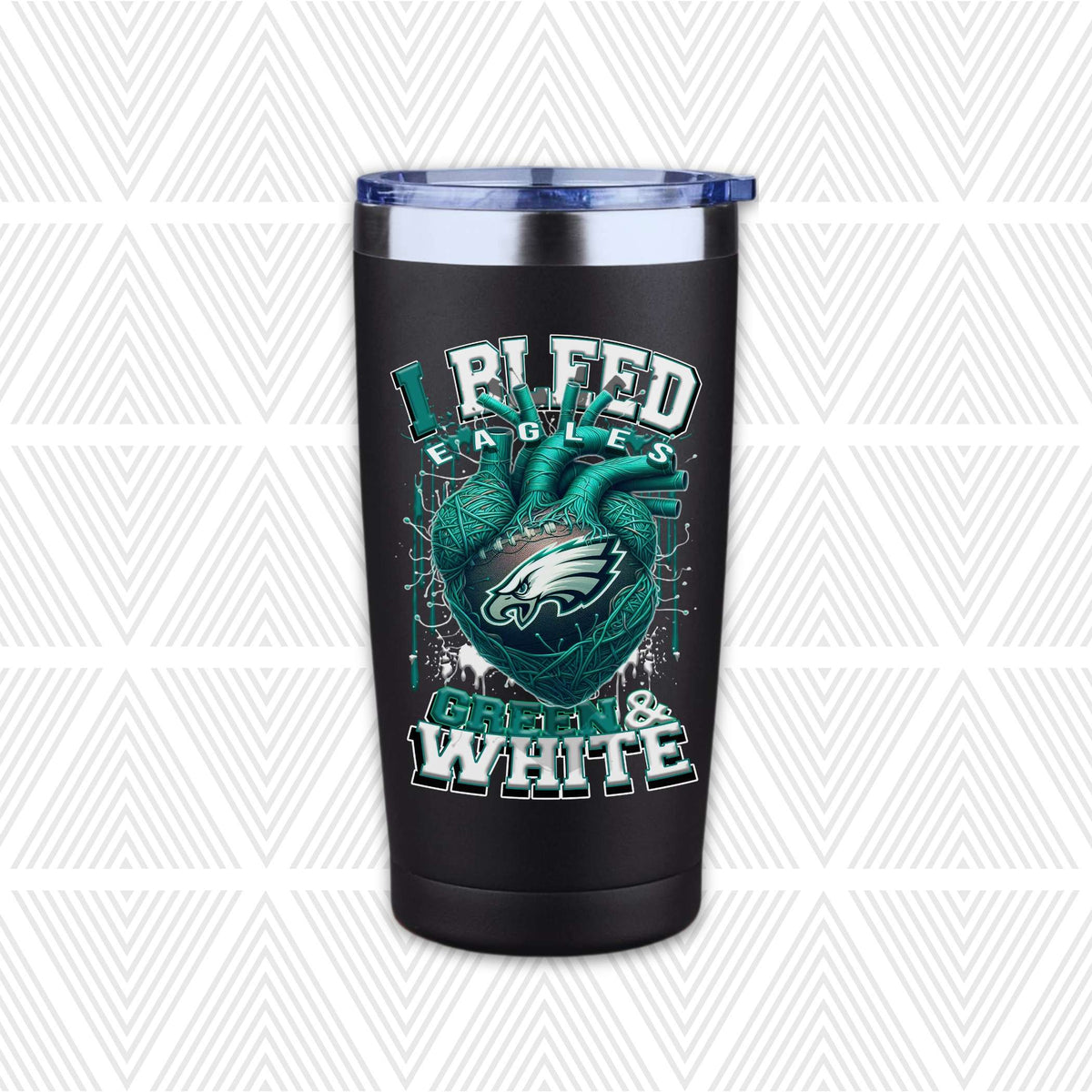 A black insulated travel tumbler with a clear lid, featuring a graphic design of a green and white heart with the Philadelphia Eagles logo and the text 'I BLEED EAGLES GREEN & WHITE'.
