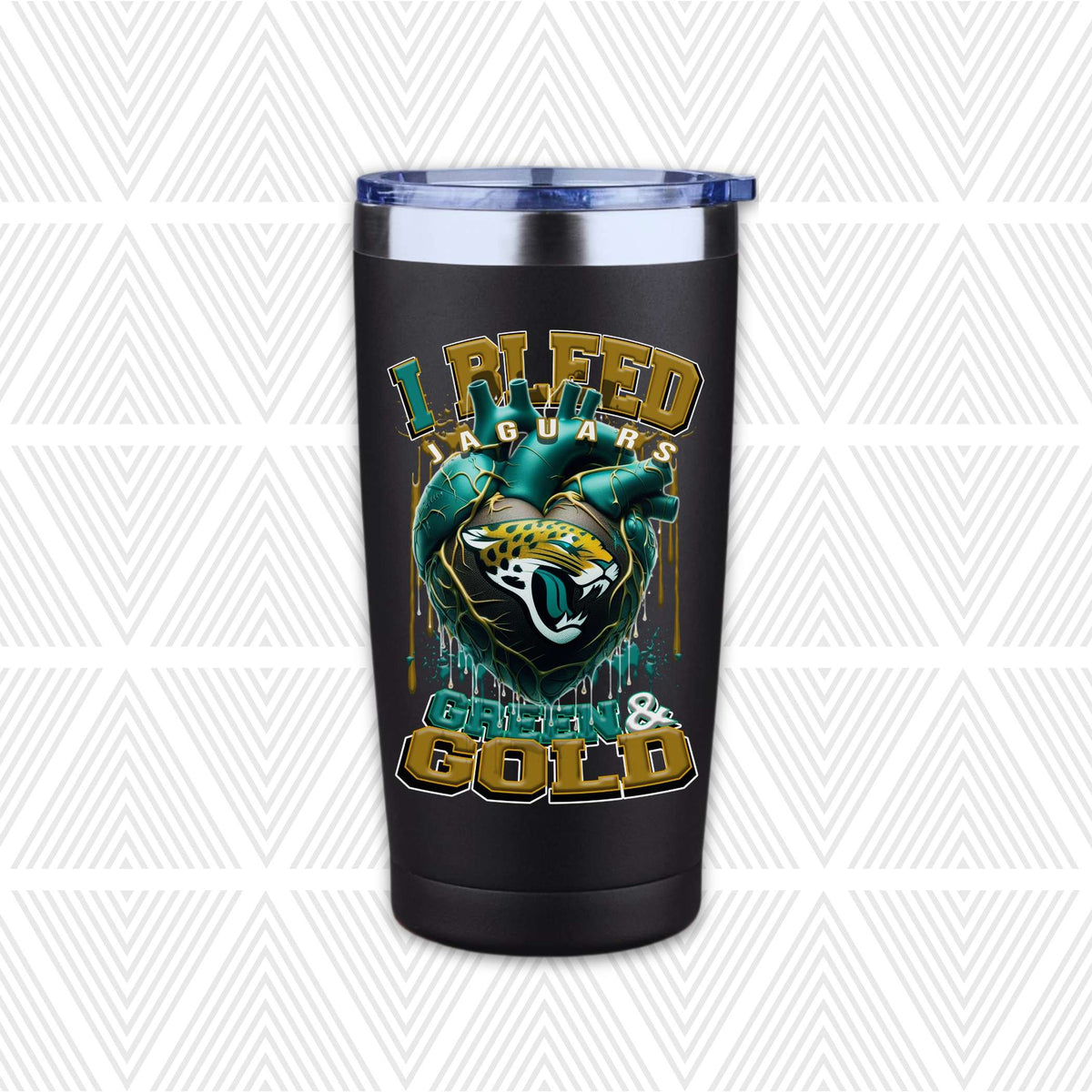 A black insulated travel tumbler with a clear lid, featuring a graphic design of a green and gold heart with a jaguar face and the text 'I BLEED JAGUARS GREEN & GOLD'.