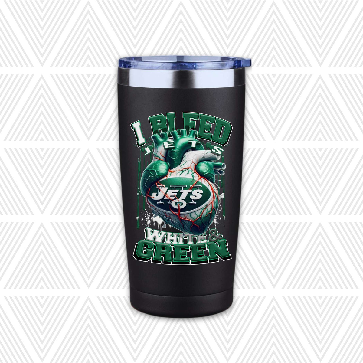A black insulated travel tumbler with a clear lid, featuring a New York Jets graphic design with the text 'I Bleed Jets White & Green' on a white and gray patterned background.