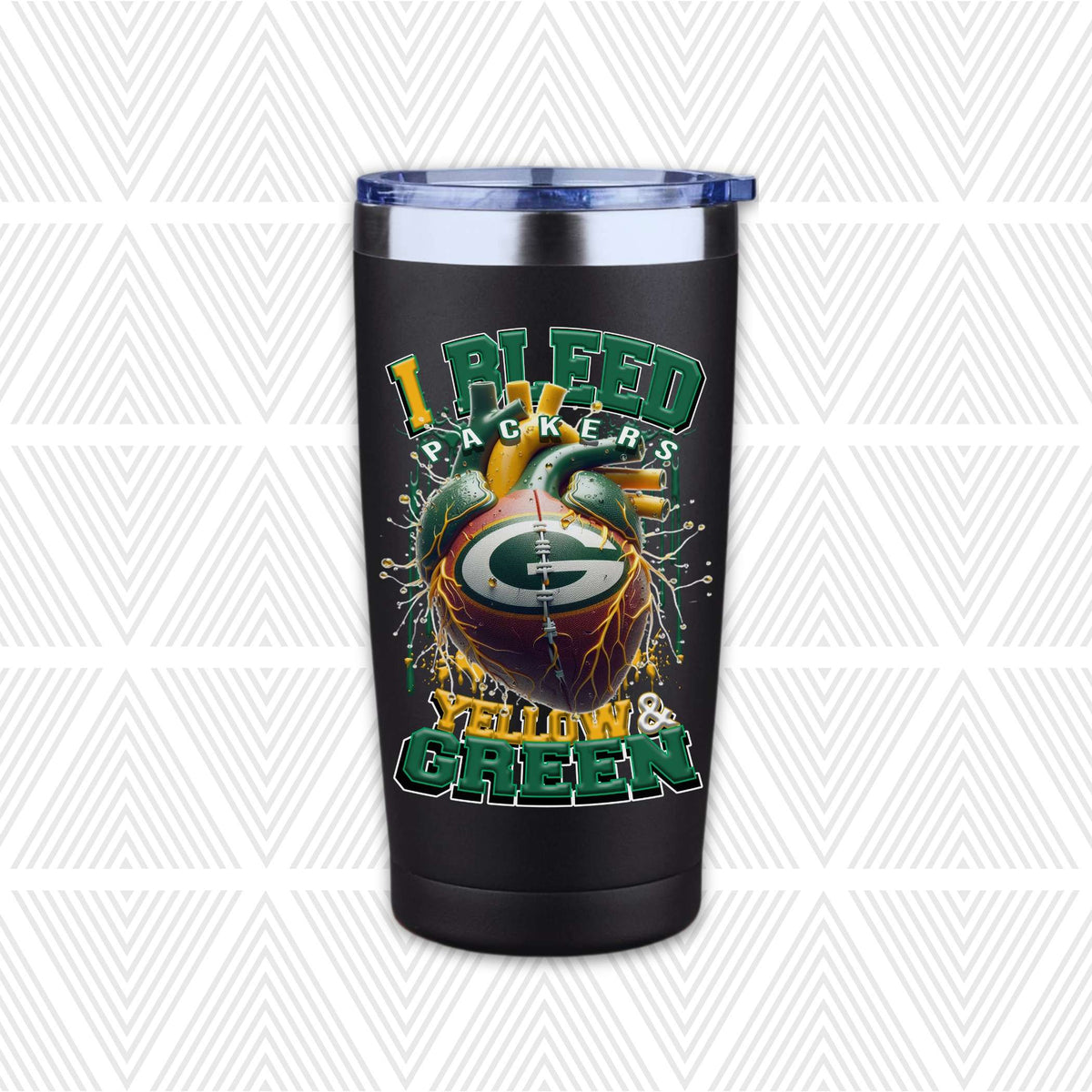 A black insulated travel tumbler with a clear lid, featuring a Green Bay Packers themed graphic with a football, lightning, and the text 'I BLEED PACKERS YELLOW & GREEN'.