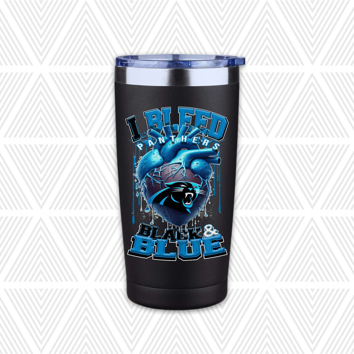 A black insulated travel tumbler with a blue lid, featuring a graphic design of a blue anatomical heart with a Carolina Panthers logo and the text 'I BLEED PANTHERS BLACK & BLUE'.
