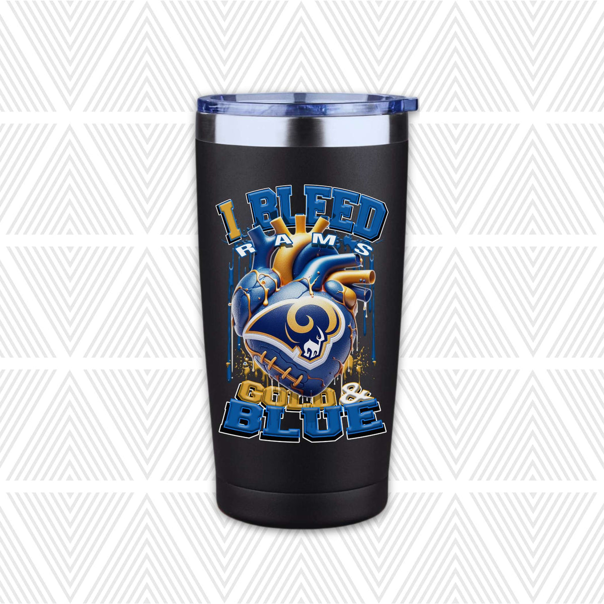 A black insulated travel tumbler with a clear lid, featuring a graphic design of a blue and gold Rams football helmet and the text 'I BLEED RAMS GOLD & BLUE'.