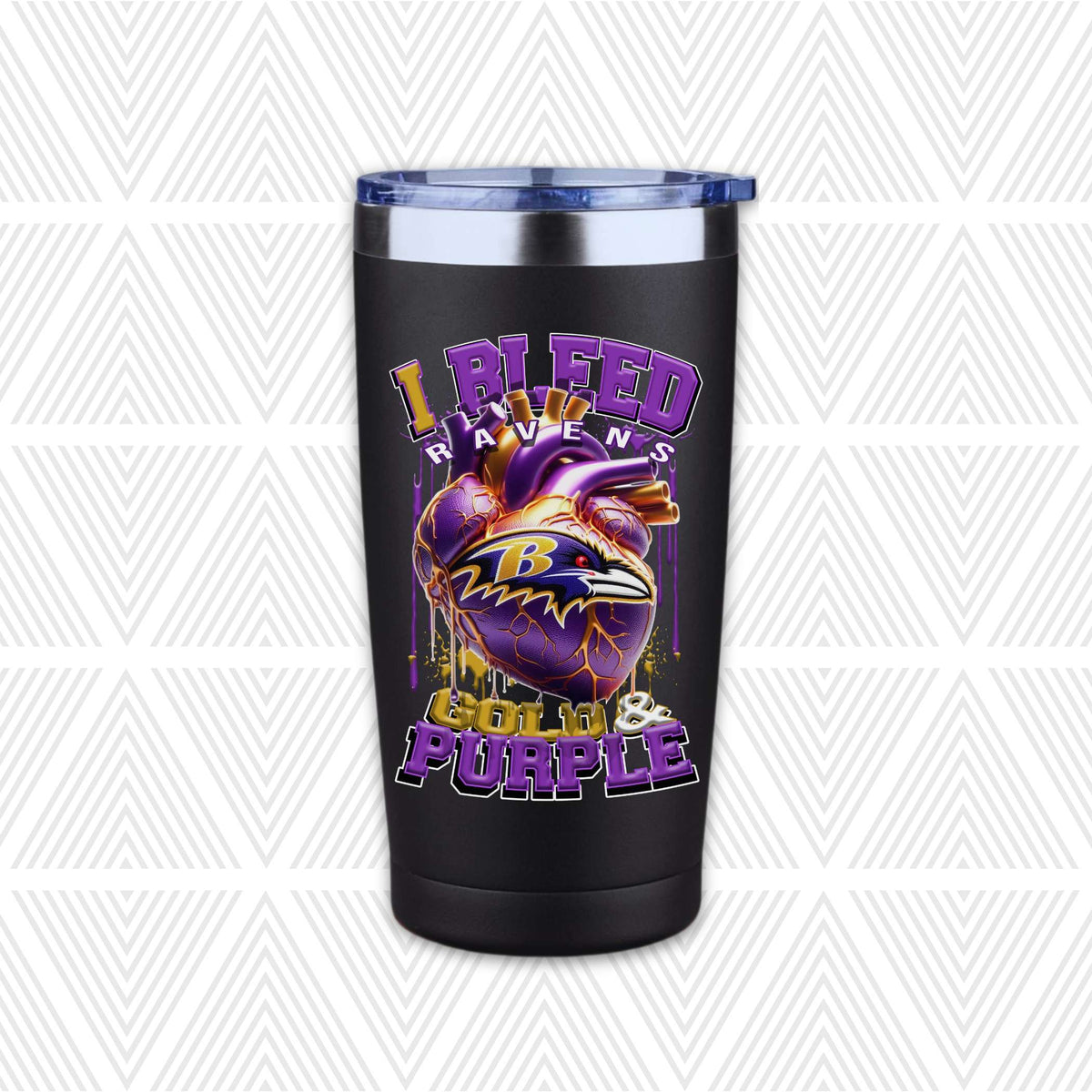 A black insulated travel tumbler with a clear lid, featuring a graphic of an anatomical heart with a Baltimore Ravens logo and the text 'I BLEED RAVENS' and 'GOLD & PURPLE'.