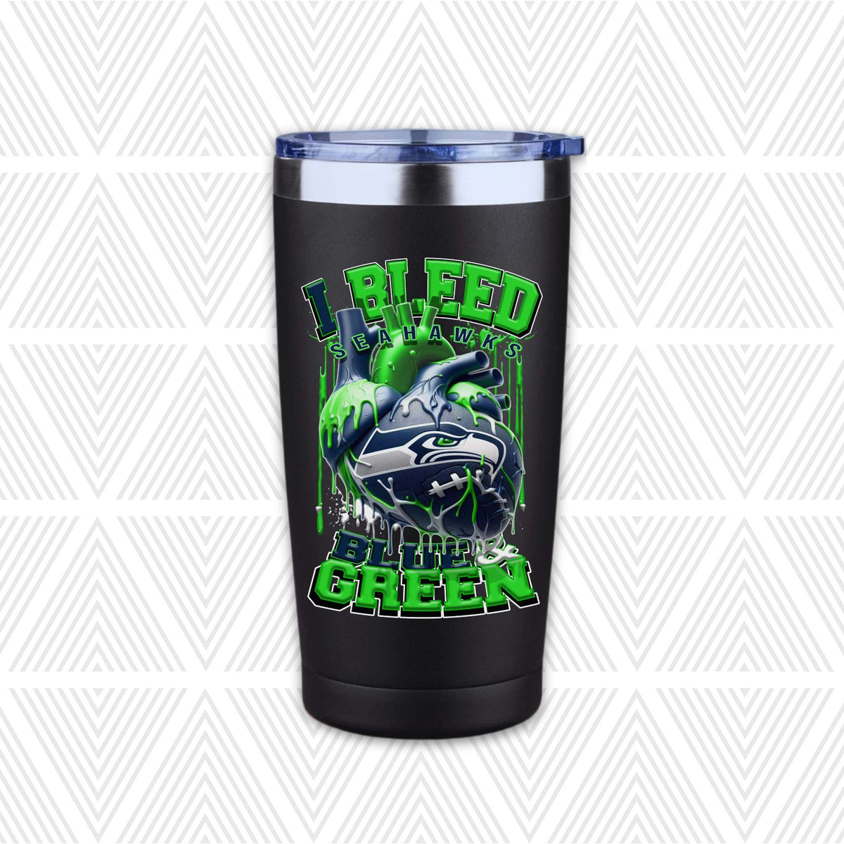 A black insulated travel tumbler with a clear lid, featuring a Seattle Seahawks-themed graphic with the text 'I BLEED SEAHAWKS BLUE & GREEN' and a stylized hawk head design.