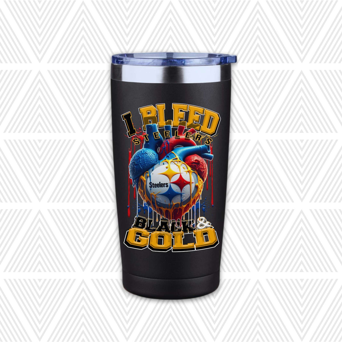 A black insulated travel tumbler with a clear lid, featuring a graphic of a heart made from a Pittsburgh Steelers logo and anatomical hearts in blue and red, with the text 'I BLEED STEELERS' and 'BLACK & GOLD'.