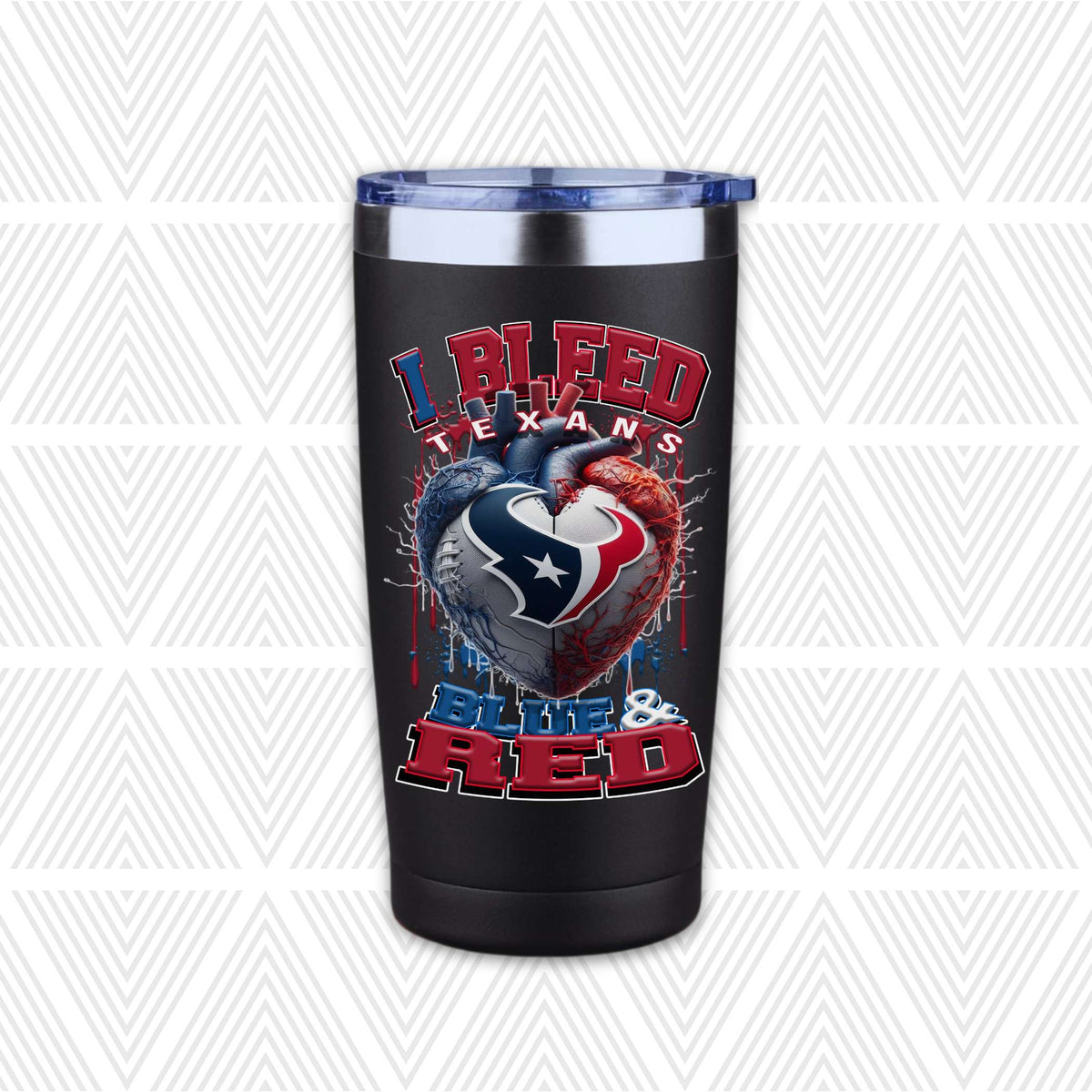 A black insulated travel tumbler with a clear lid, featuring a graphic design of a split heart in blue and red with the Houston Texans logo, and the text 'I BLEED TEXANS BLUE & RED'.