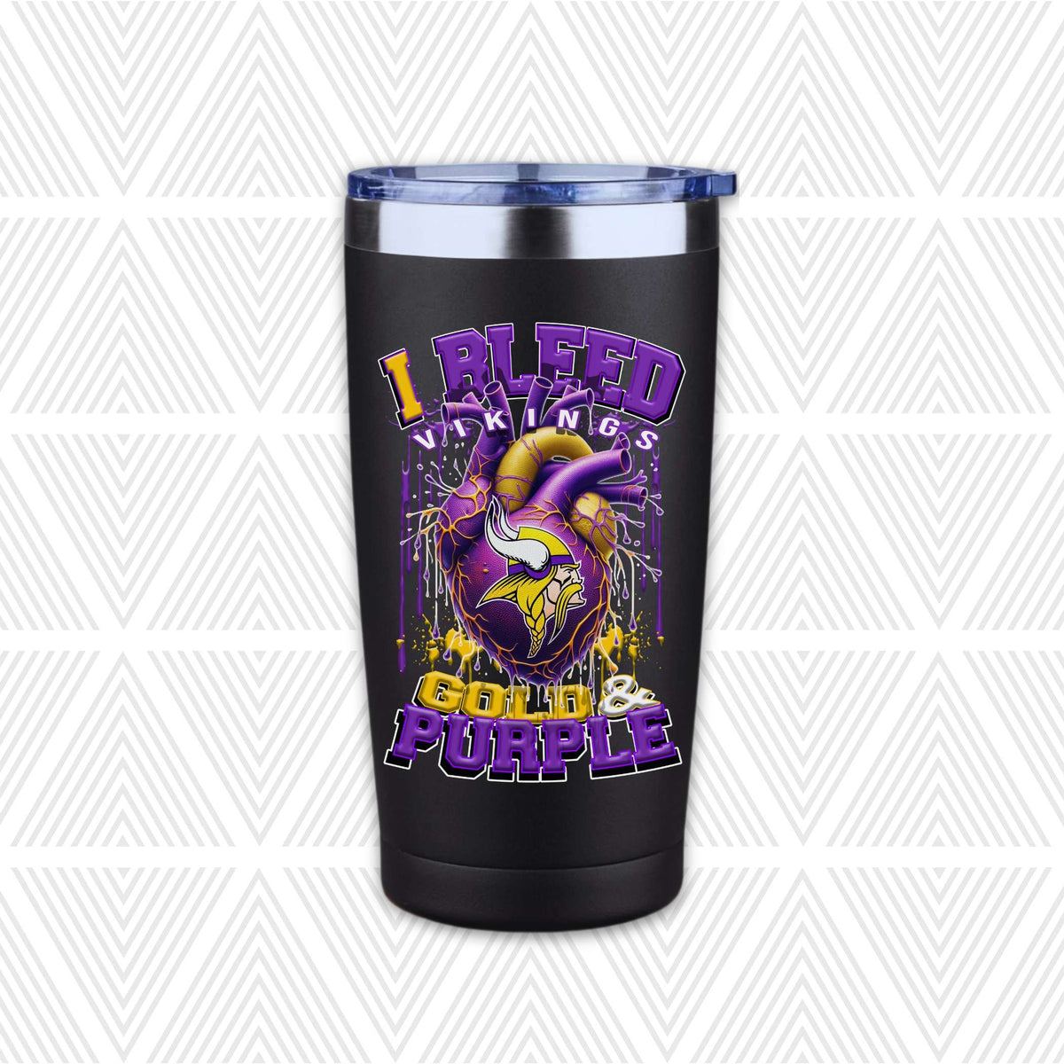 A black insulated travel tumbler with a purple and gold Minnesota Vikings themed graphic on the front, featuring a stylized heart and the text 'I BLEED VIKINGS' and 'GOLD & PURPLE'. The tumbler has a clear lid with a blue rim and is shown against a white background with a light gray geometric pattern.