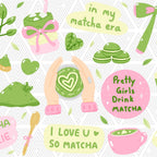 A cute, repeating pattern illustration featuring green matcha-themed graphics, including a cup of matcha tea with a pink bow, green macarons, matcha powder mountains, a wooden spoon, and text reading 'in my matcha era', 'Pretty Girls Drink MATCHA', and 'I LOVE U SO MATCHA'.