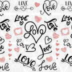 Pattern of 'love' text and hearts on a light gray background