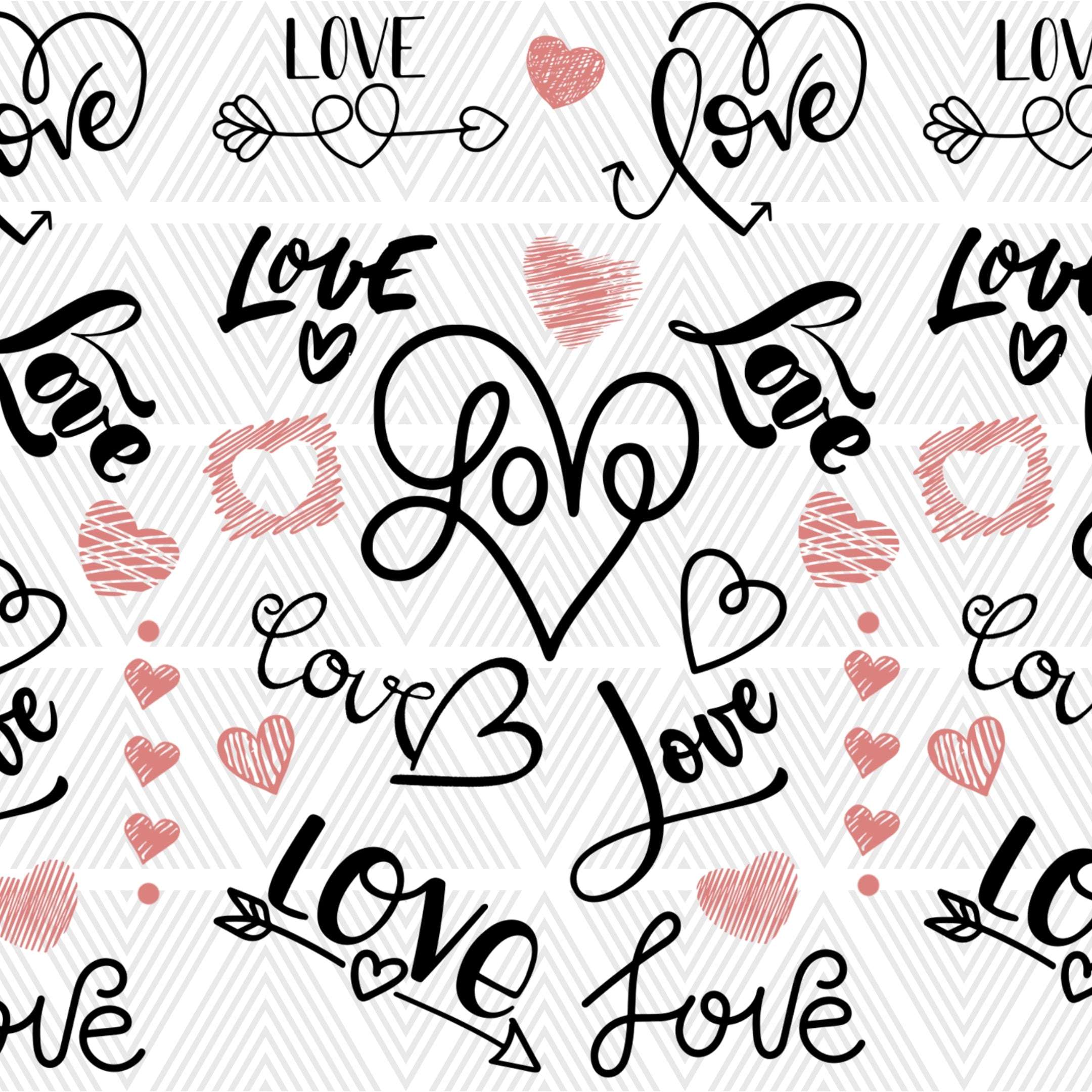 Pattern of 'love' text and hearts on a light gray background