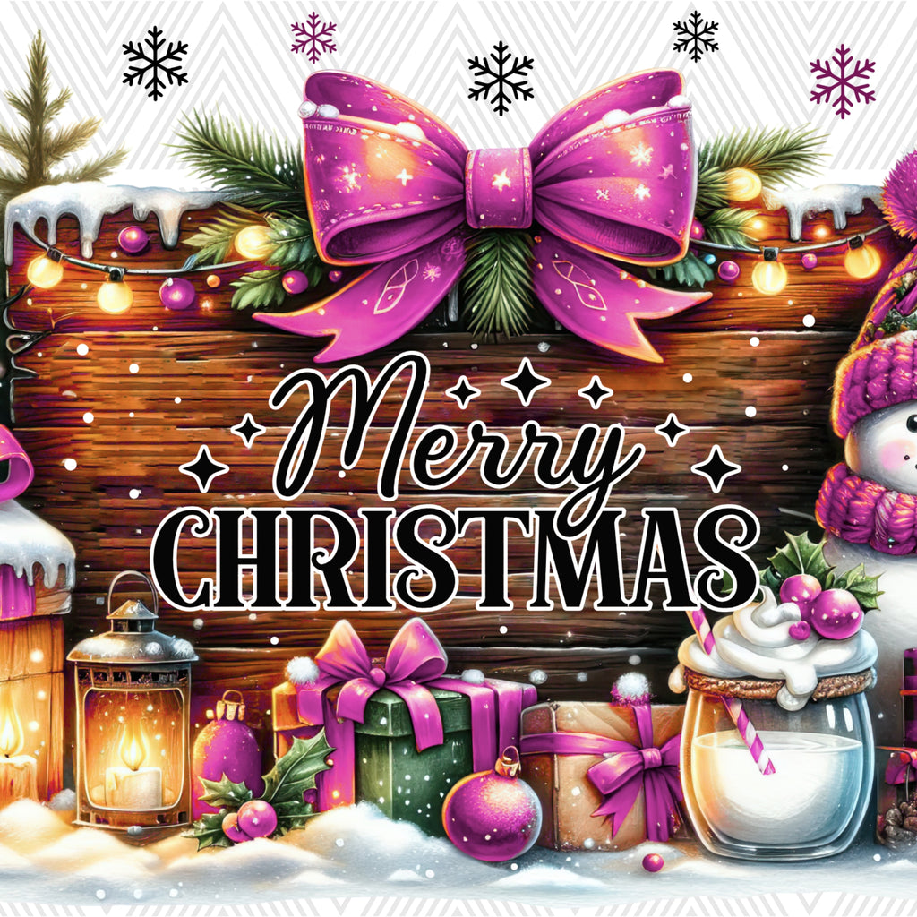 A festive Christmas illustration with a large purple bow, snow, wrapped gifts, ornaments, a lantern, a drink with whipped cream and a pink striped straw, and the words “Merry Christmas” over a wooden sign.