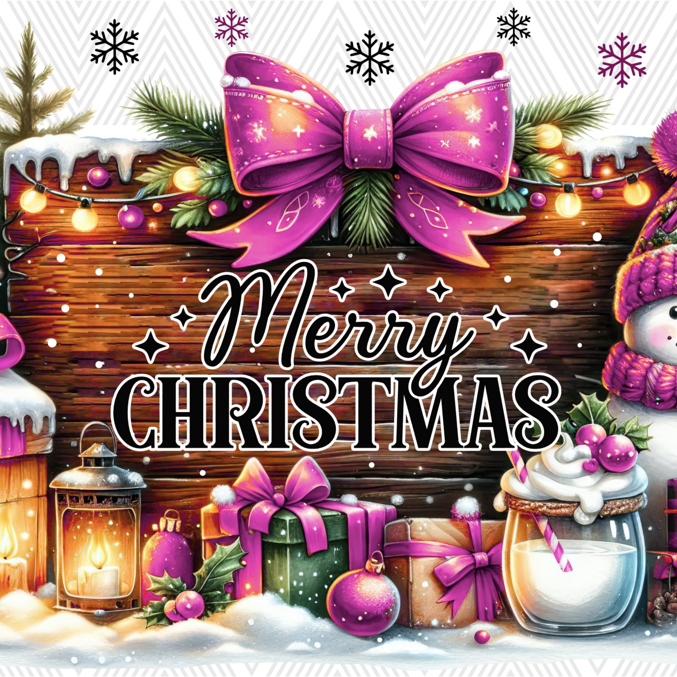 A festive Christmas illustration with a large purple bow, snow, wrapped gifts, ornaments, a lantern, a drink with whipped cream and a pink striped straw, and the words “Merry Christmas” over a wooden sign.