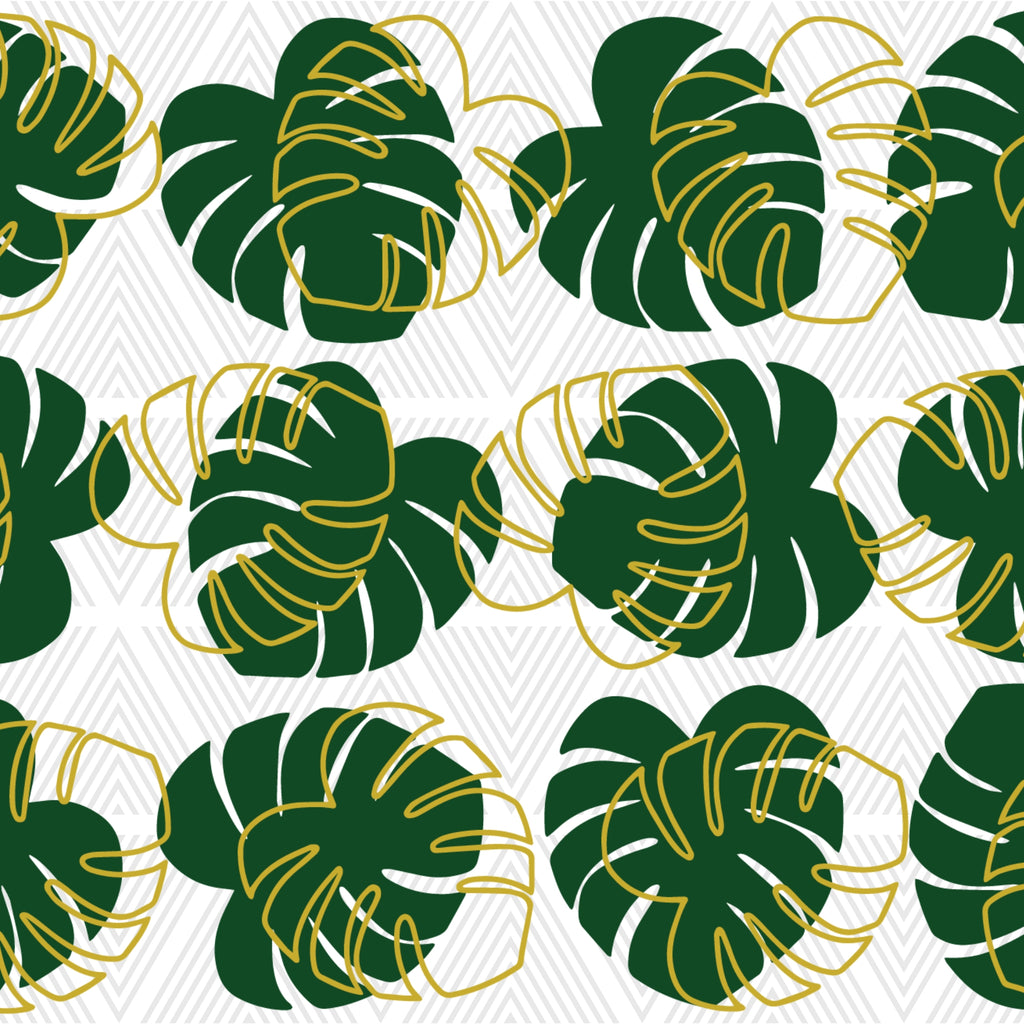 Pattern of green Monstera leaves with gold outlines on a white background