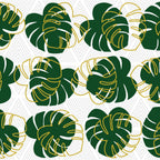 Pattern of green Monstera leaves with gold outlines on a white background