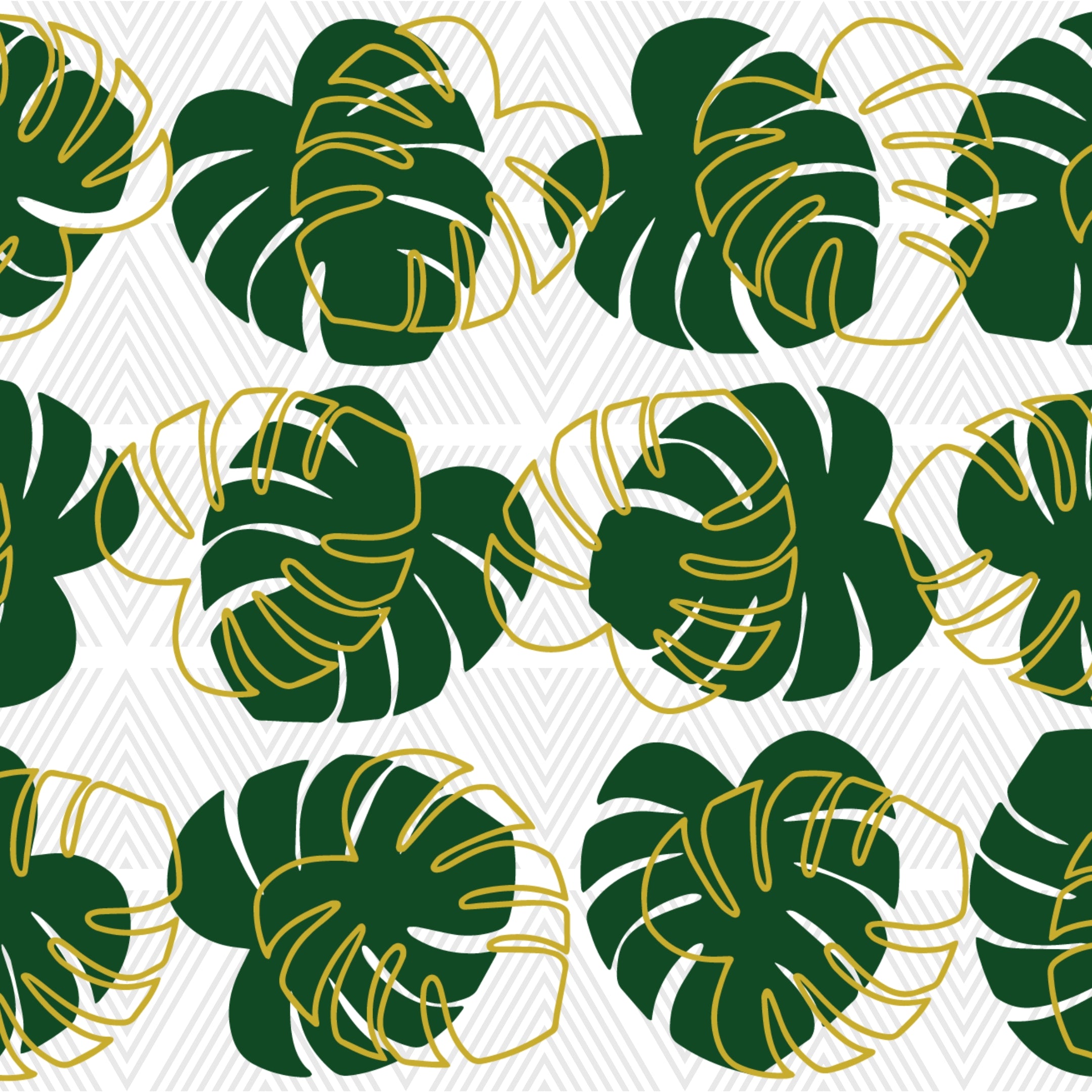 Pattern of green Monstera leaves with gold outlines on a white background