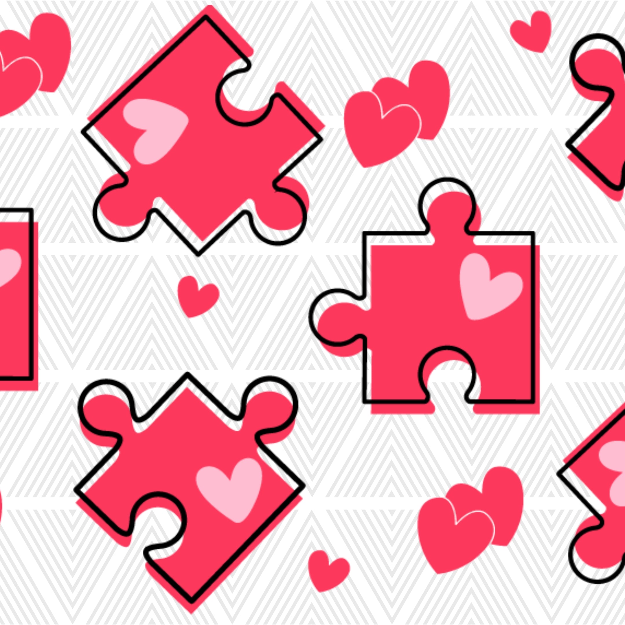 Pink puzzle pieces with hearts on a white background