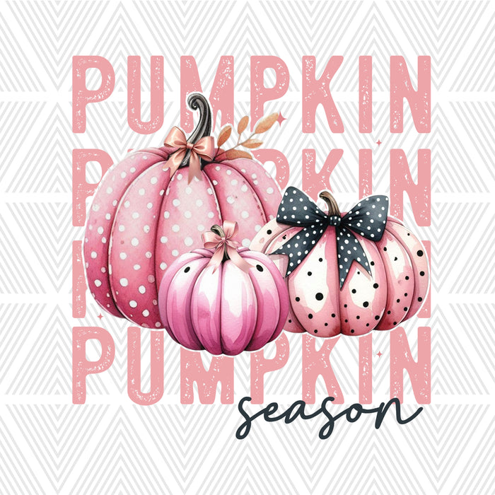 A fall-themed graphic design featuring three watercolor pumpkins in shades of pink, white, and black, set against a white background with a light gray chevron pattern. The background is overlaid with the word 'PUMPKIN' in a distressed pink font, and the word 'season' is written at the bottom in black script.