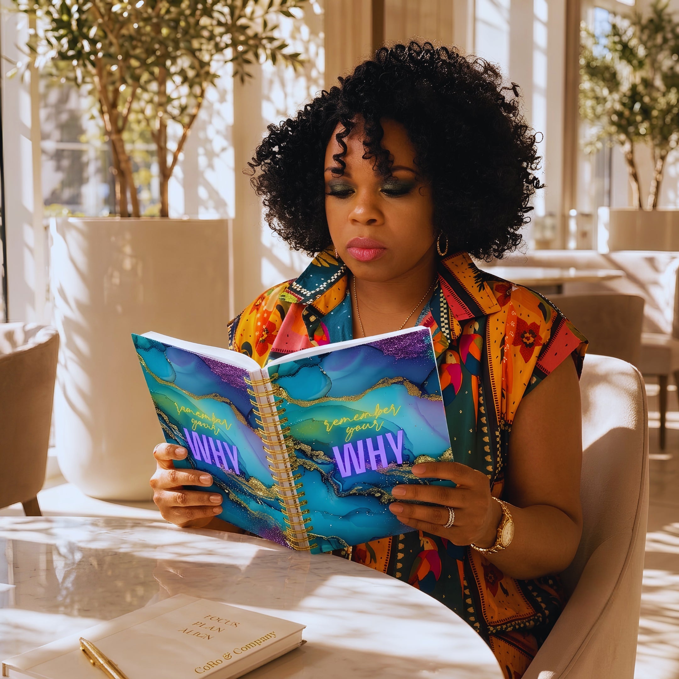 Nik Austin with curly black hair sits in a bright, sunlit room reading a colorful journal titled 'REMEMBER YOUR WHY'. She wears a vibrant multicolor patterned dress and gold jewelry, seated in a light beige chair at a table with another book on it.