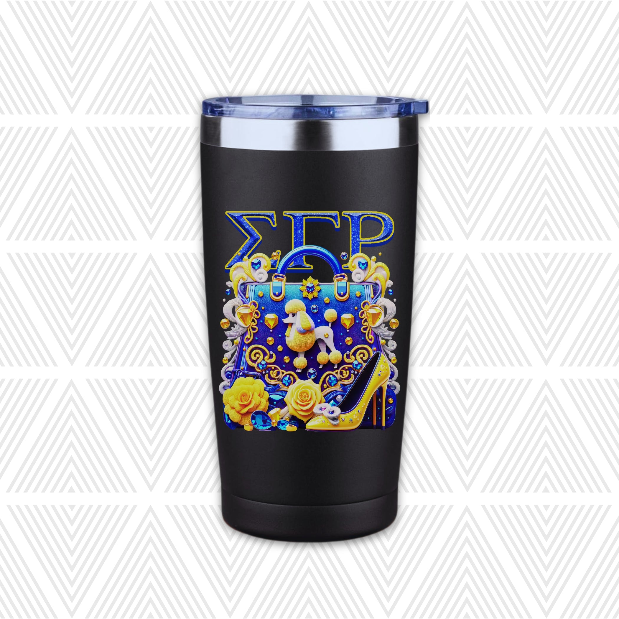 A black insulated travel tumbler with a clear lid, featuring a colorful printed design with the Greek letters Sigma Gamma Rho and a decorative illustration in blue, yellow, and white, set against a white background with a light gray geometric pattern.