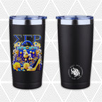 Two views of a black insulated tumbler with a clear lid on a light gray patterned background. The left tumbler shows a decorative graphic with blue Greek letters, a blue handbag, yellow roses, and a yellow high-heel.