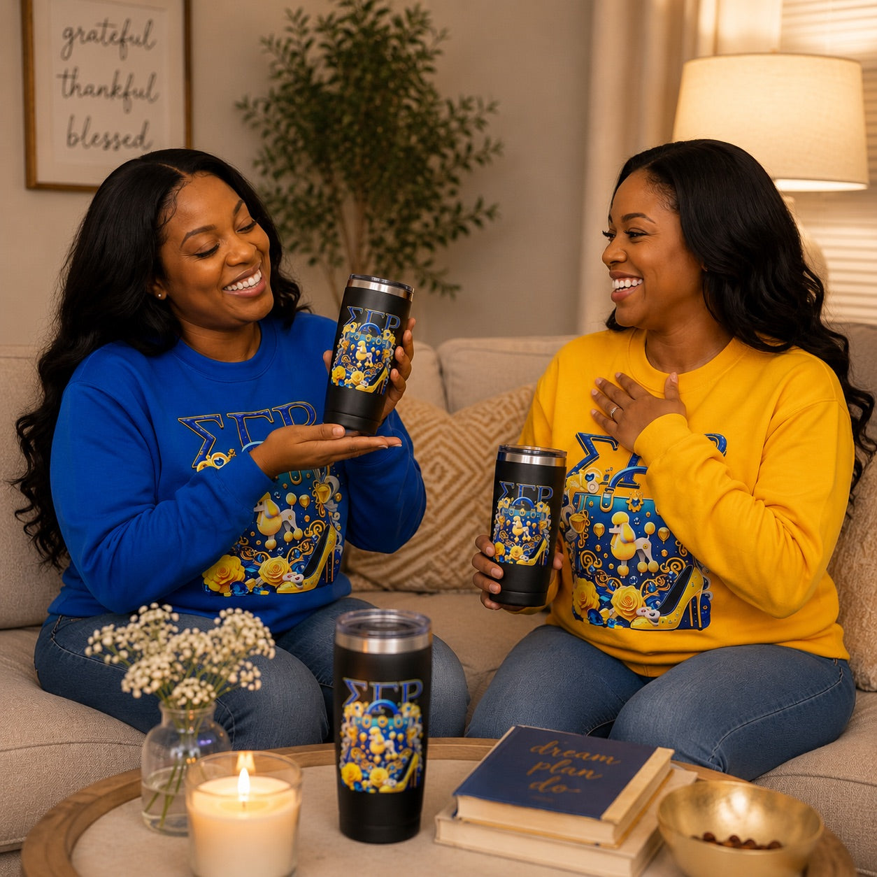 Two SGRho women sitting on a beige couch in a cozy living room setting, each holding a black insulated travel tumbler with a blue and yellow Greek letter design. They are wearing matching blue and yellow sweatshirts with the same graphic.