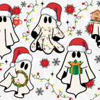 A festive Christmas-themed pattern featuring cartoon ghosts wearing red Santa hats, decorated with holiday lights, a green wreath, a gift box, snowflakes, and red flowers on a white chevron background.