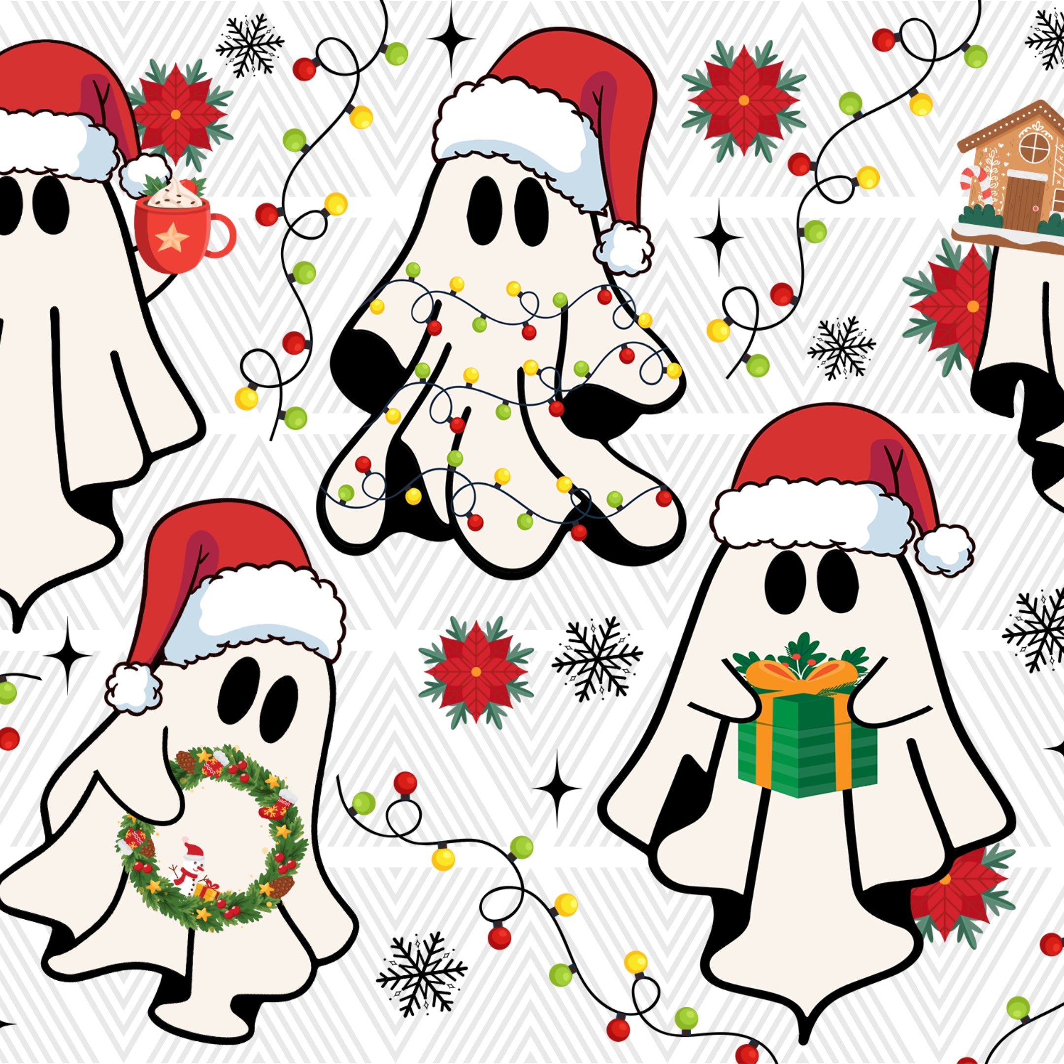 A festive Christmas-themed pattern featuring cartoon ghosts wearing red Santa hats, decorated with holiday lights, a green wreath, a gift box, snowflakes, and red flowers on a white chevron background.