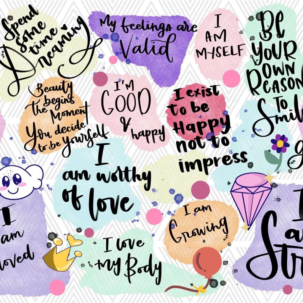 Motivational stickers with affirmations and colorful designs on a white background