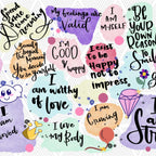 Motivational stickers with affirmations and colorful designs on a white background
