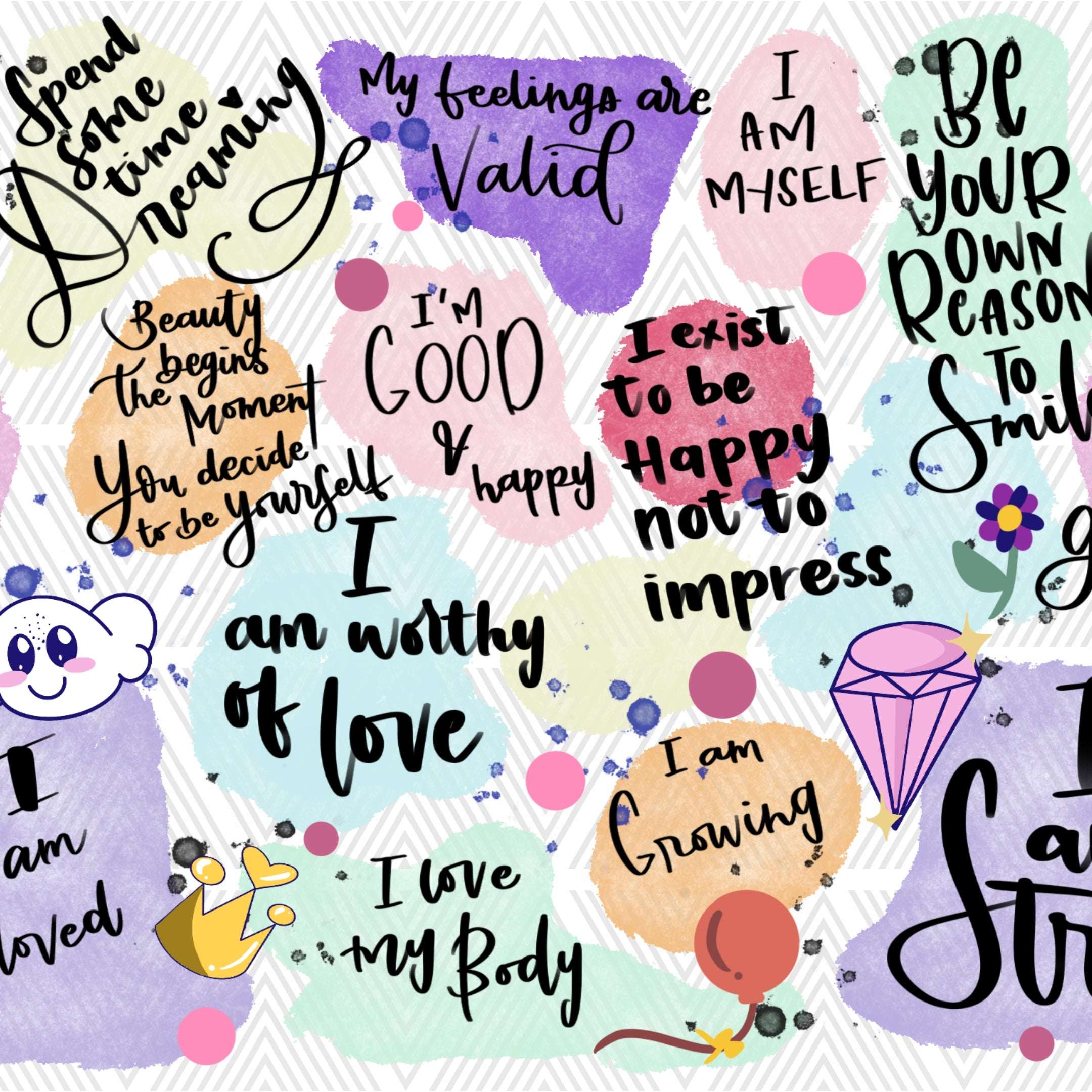 Motivational stickers with affirmations and colorful designs on a white background