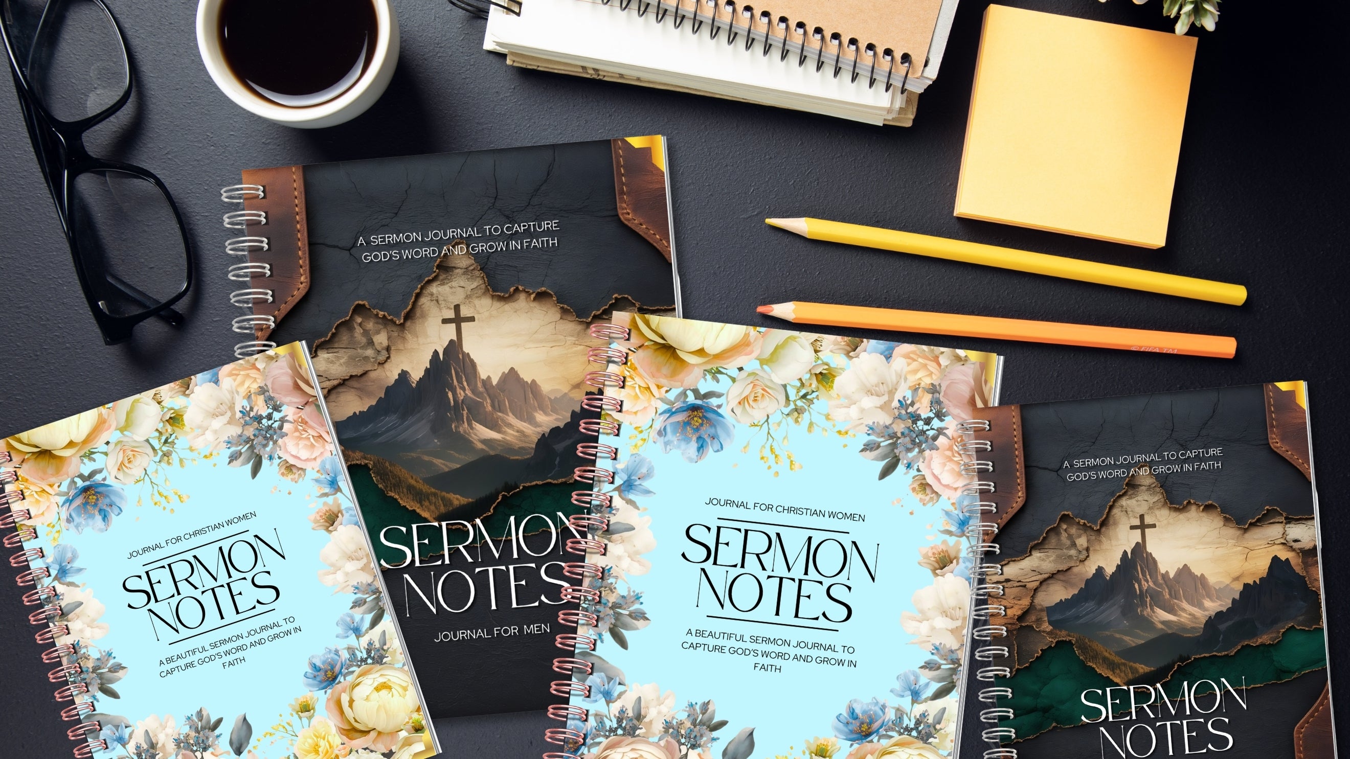 Four 'Sermon Notes' journals on a dark surface with a coffee cup, glasses, and pencils.