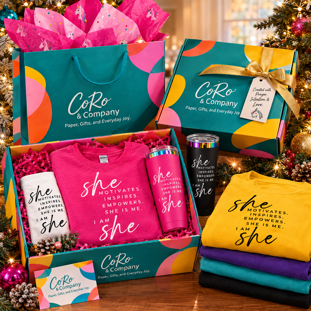 CoRo & Company holiday gift set displayed on a table with a decorated Christmas tree in the background. The set includes a teal and pink gift bag, a teal gift box with a gold ribbon, an open box filled with a pink graphic T-shirt, a white bag, a pink tumbler, a black tumbler, folded shirts in purple and yellow, and branded cards.