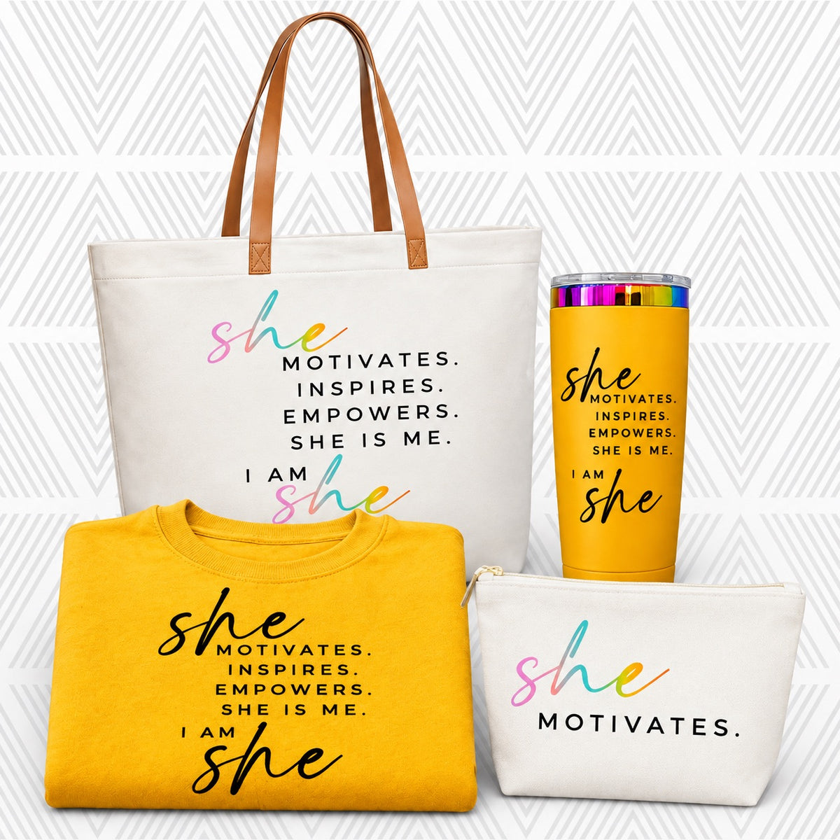 A coordinated gift set of women's apparel and accessories with matching printed text reading 'SHE MOTIVATES.'