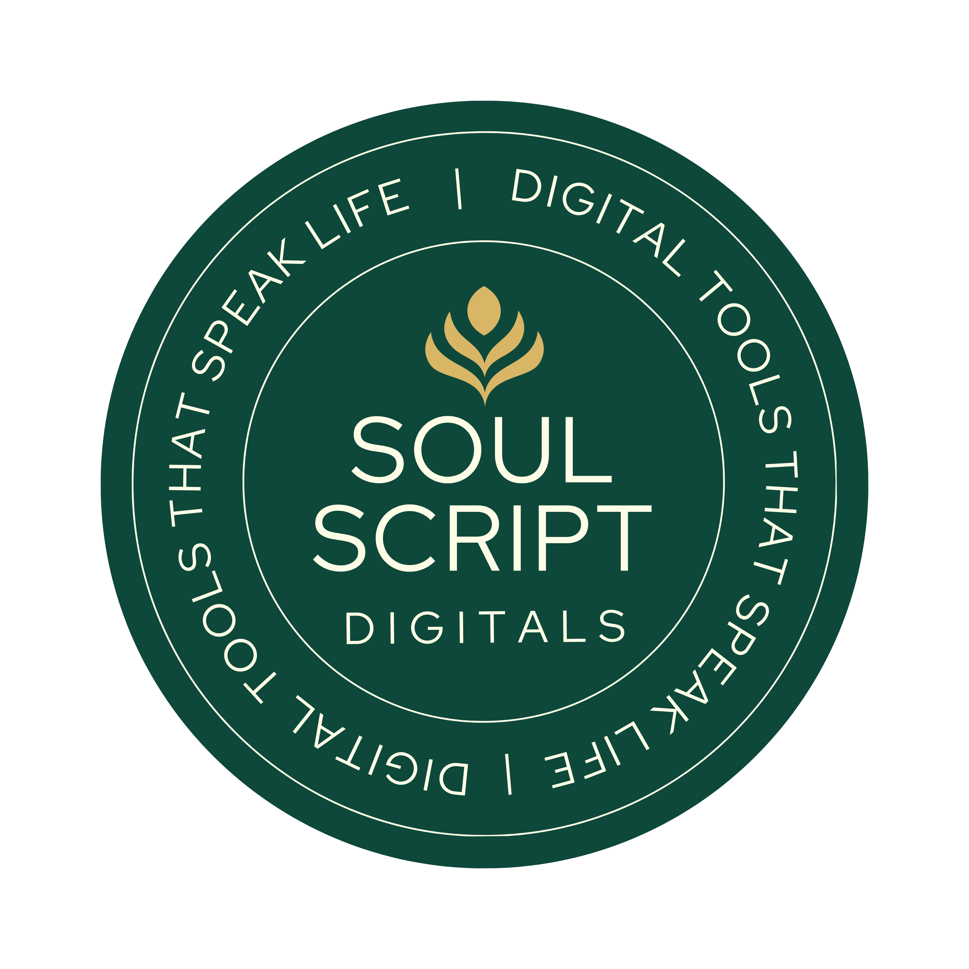 Circular logo for Soul Script Digitals with a green background and white text.